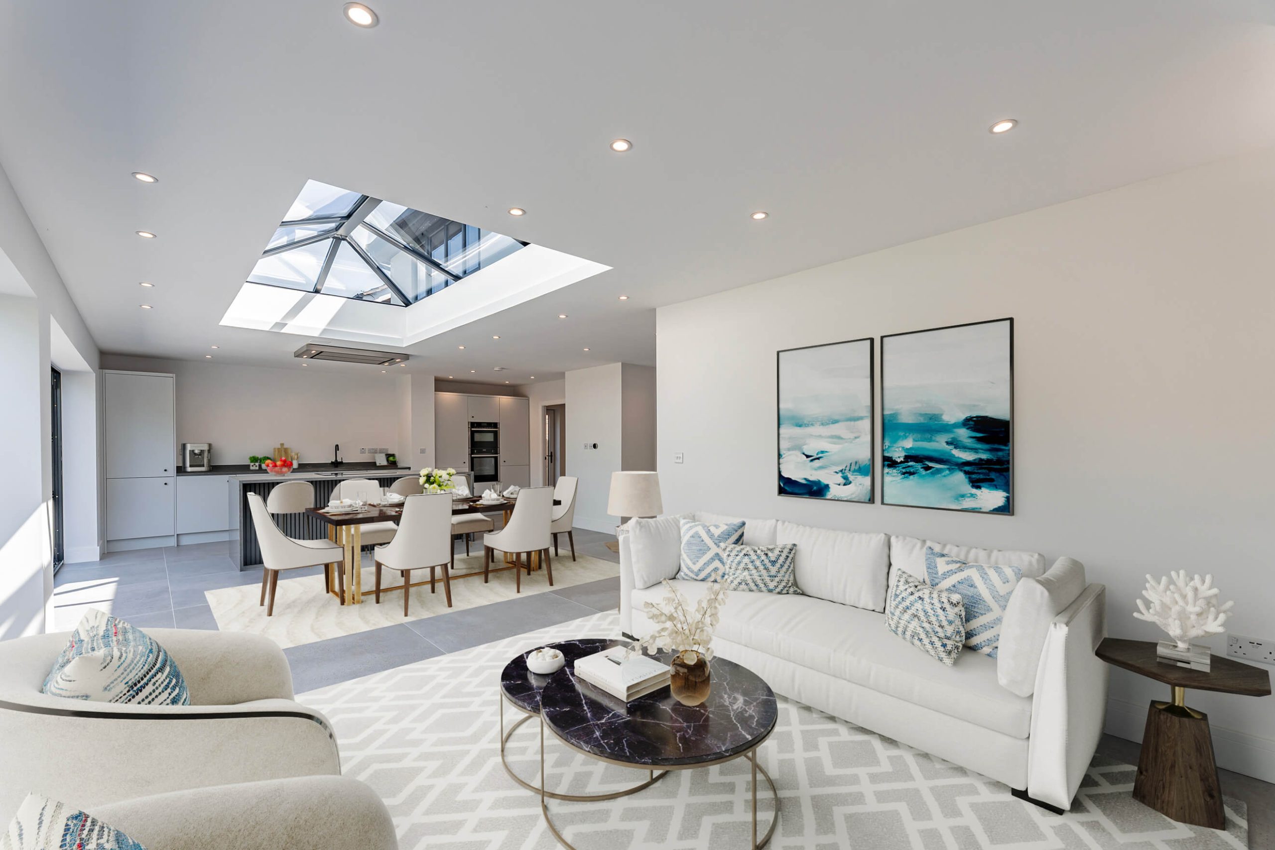 Virtual staging of open-plan kitchen and dining space in a Cheshire luxury property.