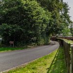Picturesque country lane leading to Whitegate property surrounded by hedgerows and fields.