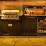 Built-in Grillo outdoor kitchen with stainless steel BBQ and drinks fridge at 4 Bell Crescent, Davenham.