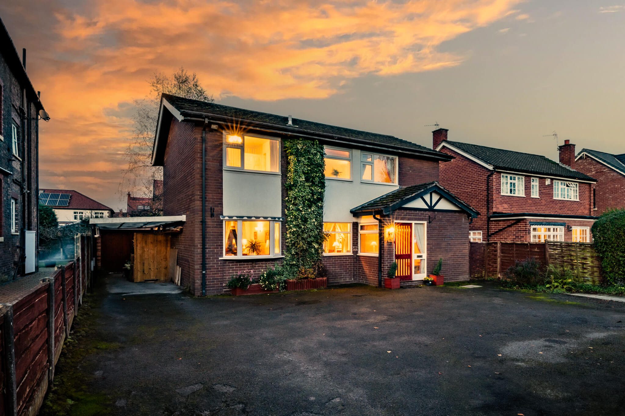 Twilight front exterior of Hale family home